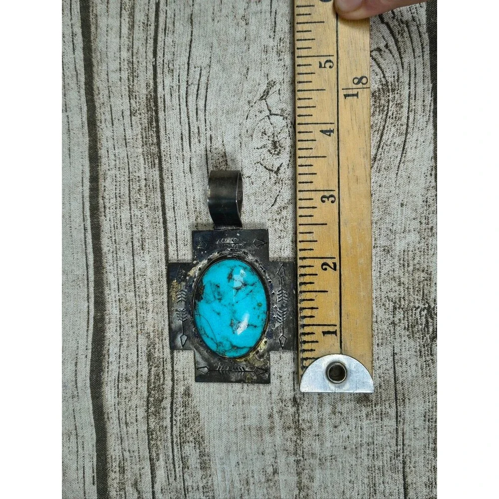 Native American Navajo Silver 925 And Turquoise Large Pendant